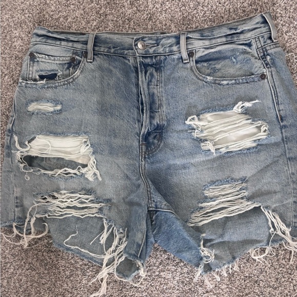 American Eagle Outfitters High Waist Blue Distressed Shorts - Picture 2 of 3